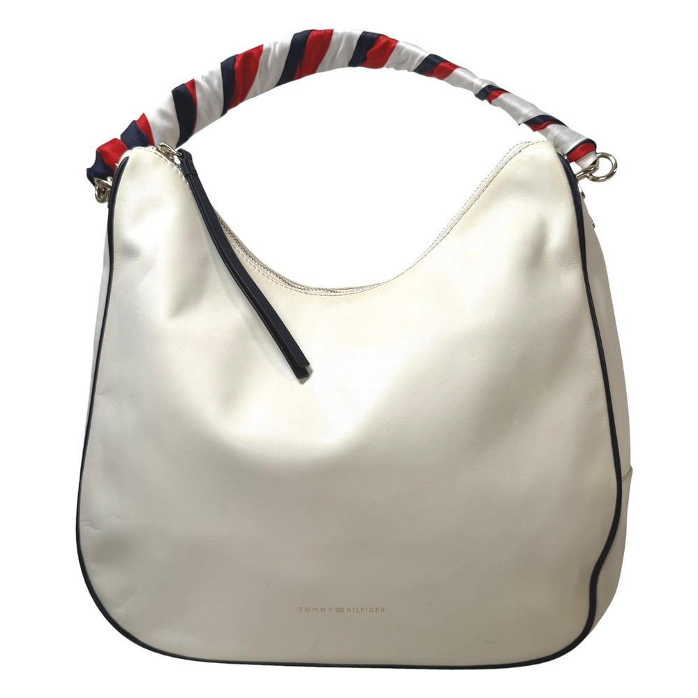 Tommy Hilfiger 100% Leather Cream Hobo Shoulder Bag Scarf‎ Handle White Large